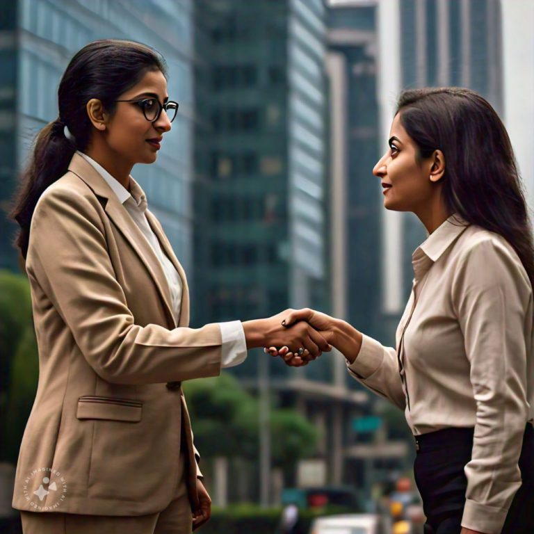 Indian lawyer in a suit shaking hands with a client in front of a city skyline with skyscrapers and a stock market ticker display, representing a professional and trustworthy relationship between advocates and their clients in a business and trade setting.