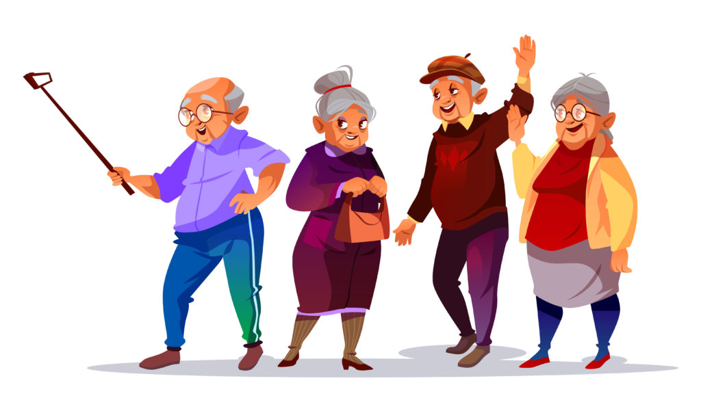 Cartoon illustration of four diverse elderly individuals, including one taking a selfie, symbolizing the active lives of senior citizens discussed in a blog about the Maintenance and Welfare of Parents and Senior Citizens Act.