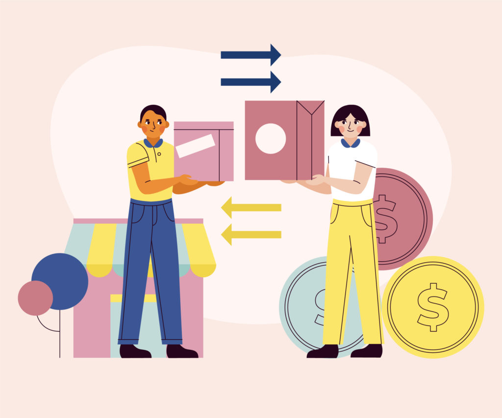 Illustration of conditional exchange of property and money between two individuals representing conditional transfers in property law.