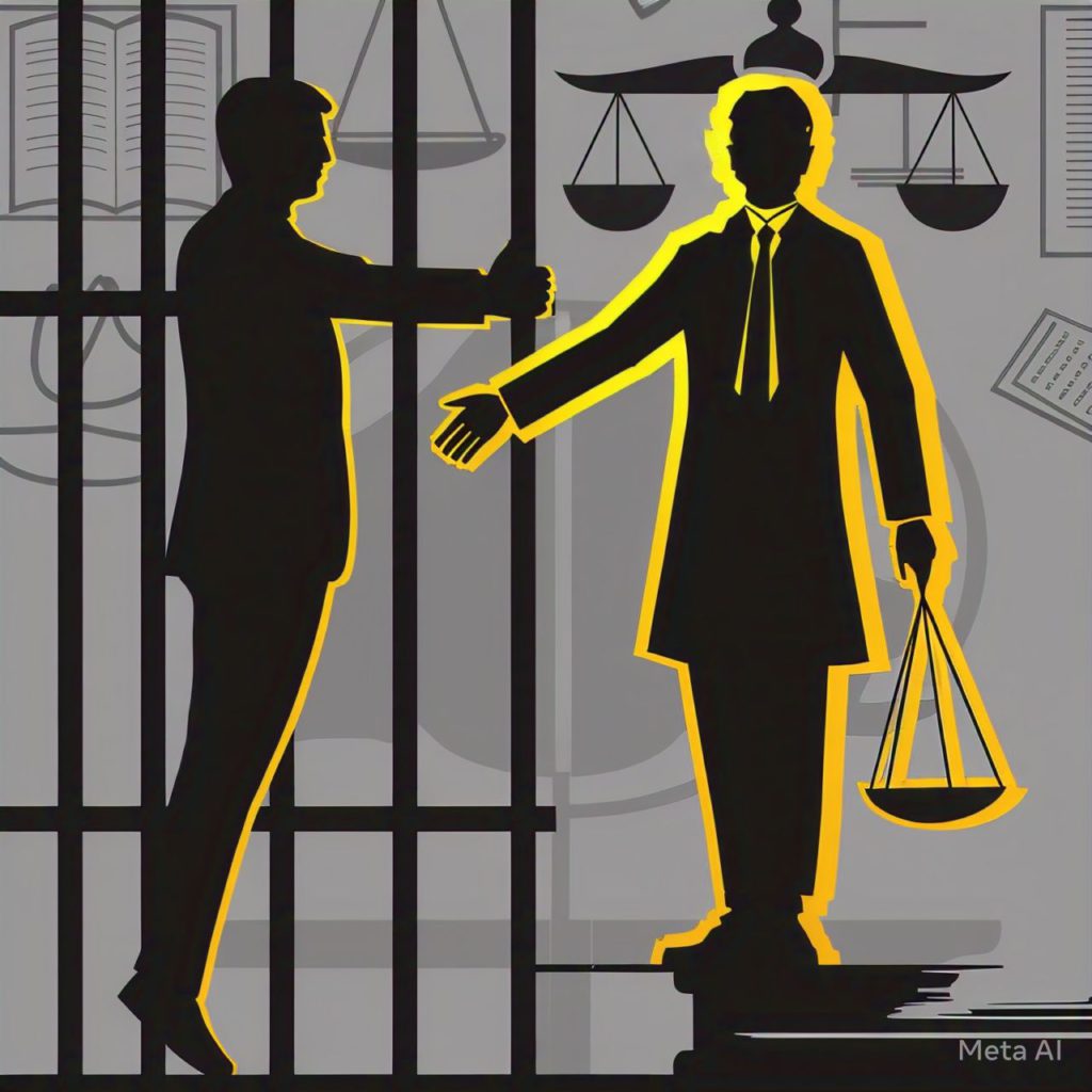 Vector illustration showing a dark silhouette of a person standing behind prison bars, reaching out. A brightly outlined silhouette of a lawyer in a suit stands outside the bars, extending a hand in a gesture of help and holding stylized scales of justice. The background includes faint outlines of law books and documents. This image represents legal defense against arrest under Section 170 of the Bharatiya Nagarik Suraksha Sanhita. #Section170BNSSDefense #LawyerSupport #CriminalProcedure